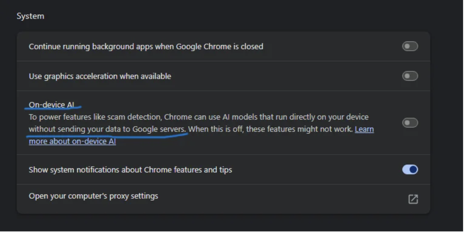 Older Chrome Settings screen showing the On-device AI control inside the System block. The description reads: 'To power features like scam detection, Chrome can use AI models that run directly on your device without sending your data to Google servers. When this is off, these features might not work.' The phrase 'without sending your data to Google servers' is underlined.
